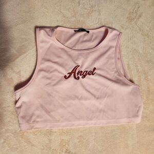 SHEIN Angel Embroidery Baby Pink Super Crop Top